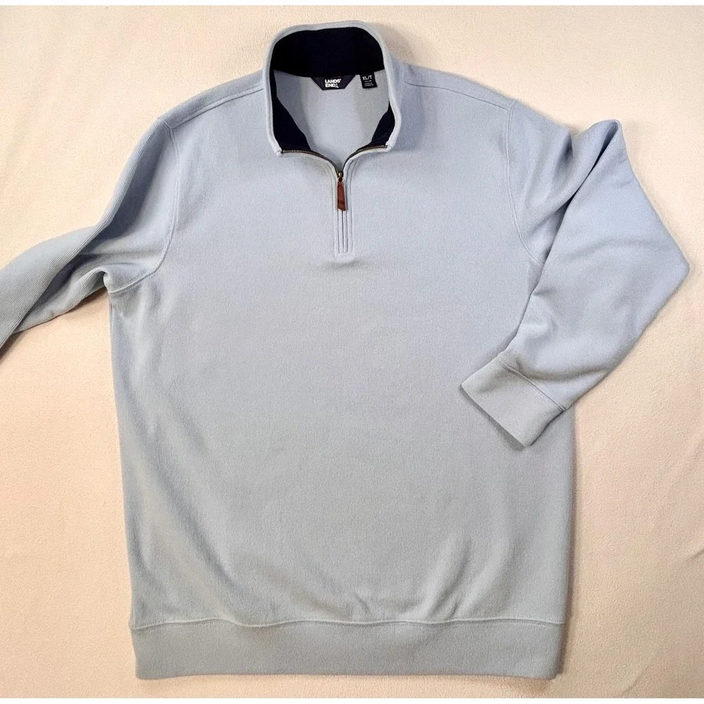 Lands End Mens XL Tall Light Blue Ribbed Quarter Zip Pullover Sweater Mock Neck